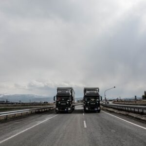 Diesel fuelled lorries on the motorway