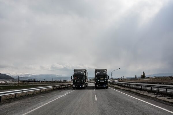 Diesel fuelled lorries on the motorway